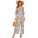 thumbnail image 3 of Verano de las mujeres Floral sin tirantes con volantes de manga corta de cintura alta pantalones de pierna ancha Casual suelto mono azul claro PeonyX de talla grande, 3 of 5