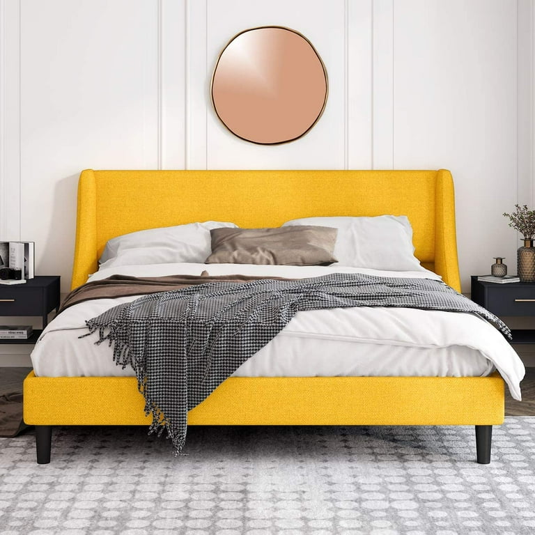 Einfach King Size Platform Bed Frame with Upholstered Wingback Headboard Light Yellow