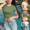 thumbnail image 4 of Women Short Sleeve Neck Ruched Side Fitted Crop Top Solid Color Casual Workout Bodycon Basic Stretch T-Shirt, 4 of 8