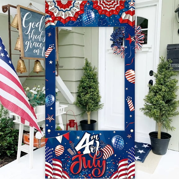 Independence Day Photo Booth Backdrop, Large 70x35 Inch Party Background with Face Cut Out, 4th of July Decorations Props for Outdoor Indoor Party Supplies