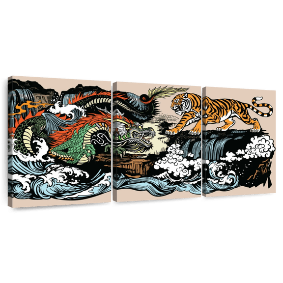 Elephant Stock Oriental Dragon And Tiger Wall Art - Horizontal Multi Panel Canvas - Living Room Wall Decor - Animal Multi Panel - Blue And Green Decor - 26" x 12"