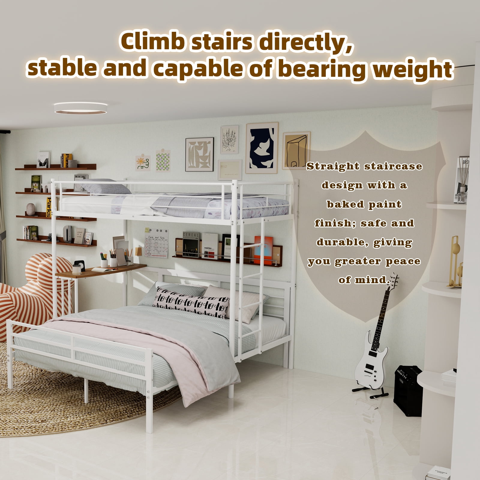 Alvantor Twin over Full Bunk Bed with Desk, Metal Bunk Bed Frame for Kids/Teens, No Box Spring Needed White