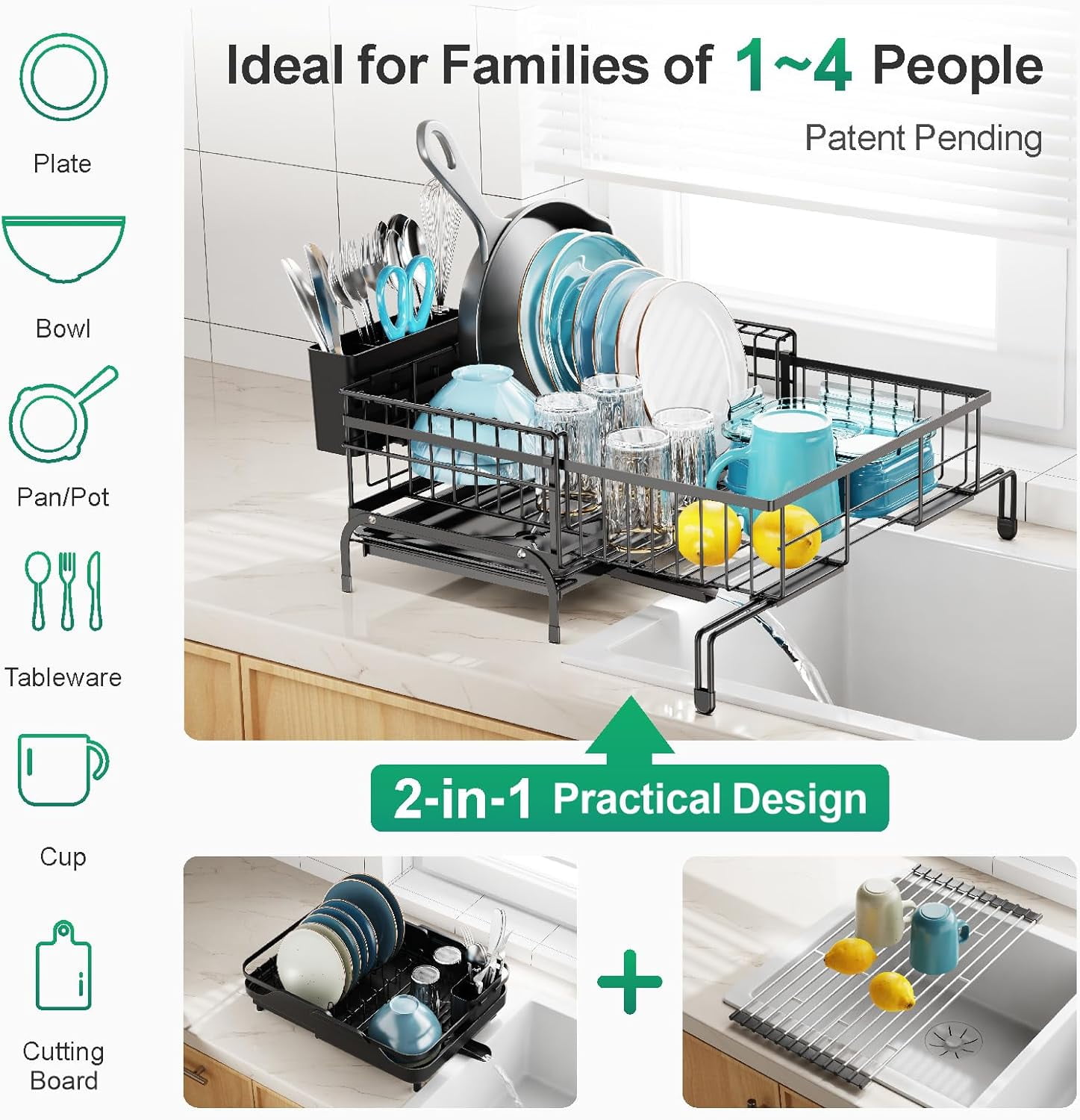 Expandable Dish Drying Rack - Anti-Rust 2-in-1 Dish Racks for Kitchen Counter and Sink, Compact Dish Drainer with Pan Slot, Dish Rack with High Raised Edges for RV and Apartment, Black