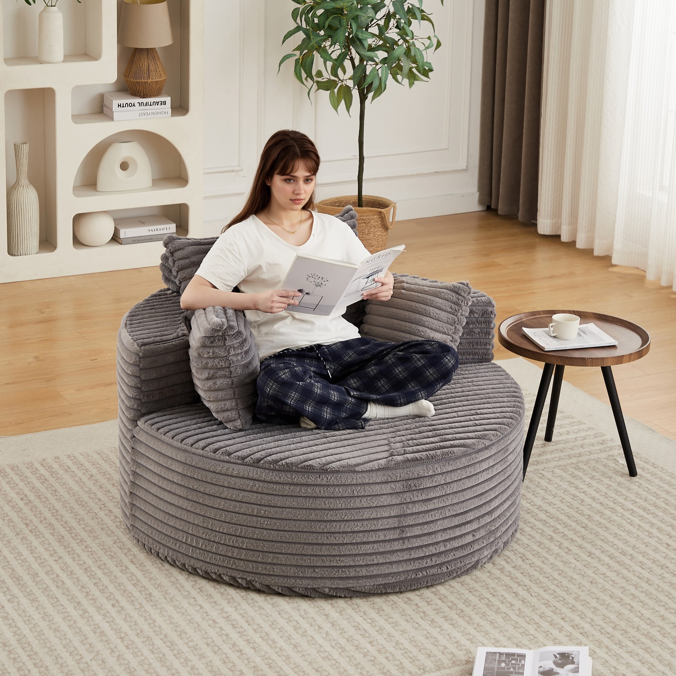 Aukfa 50" Oversized Corduroy Round Sofa Chair, Modern Deep Seat Chaise Lounge Chair Indoor with Pillows, No Assembly Required, Gray