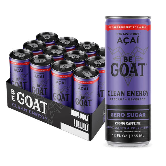 BeGOAT Strawberry Acai Zero Sugar Clean Energy Drink, 12 oz can (12 Pack)