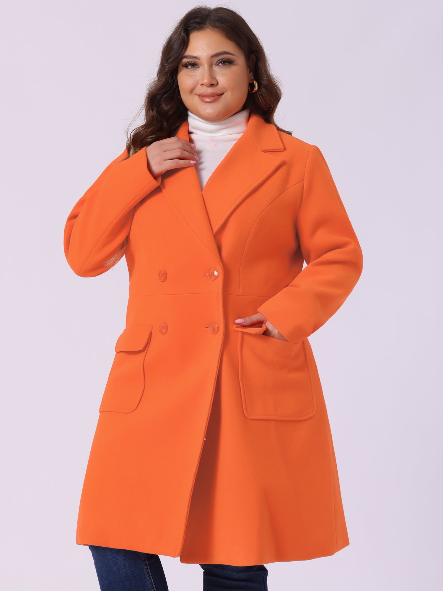 DARING DIVA Women's Plus Size Notched Lapel Double Breasted Long Coat 2X Orange