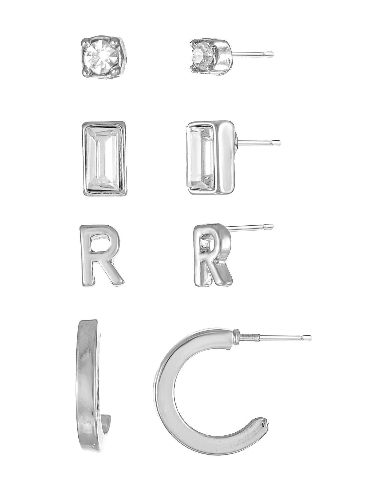 Time and Tru Silvertone Initial Letter Earring Set, 4 pairs, Letter R