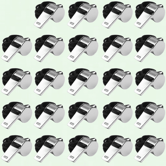 Bulk Pack of 24 Stainless Steel Whistles with Lanyard, Super Loud Metal Sports Whistle