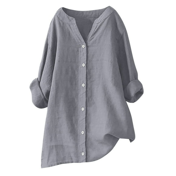 cfhntfmh Chemises à Manches Longues pour Femmes Décontractées Col en V à Boutons Blouses en Coton et Lin Grande Taille Amples Unies Surdimensionnées