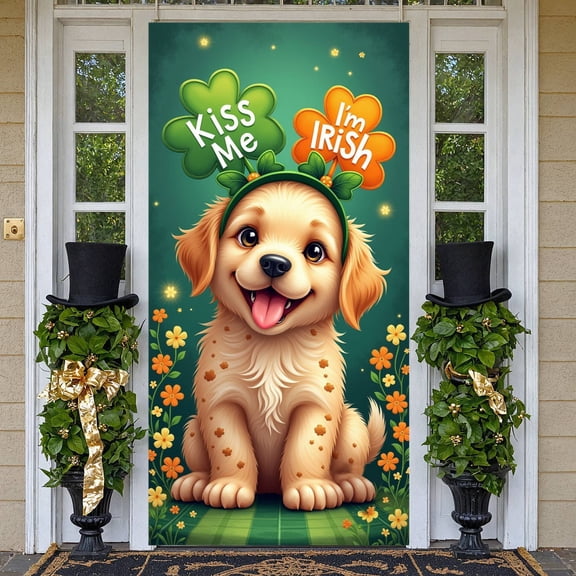 Cute Dog St. Patrick's Banner Green Shamrock Display Orange Clover Floral Design Clover Backdrop for St. Patrick's Day Party Celebration Pet Party