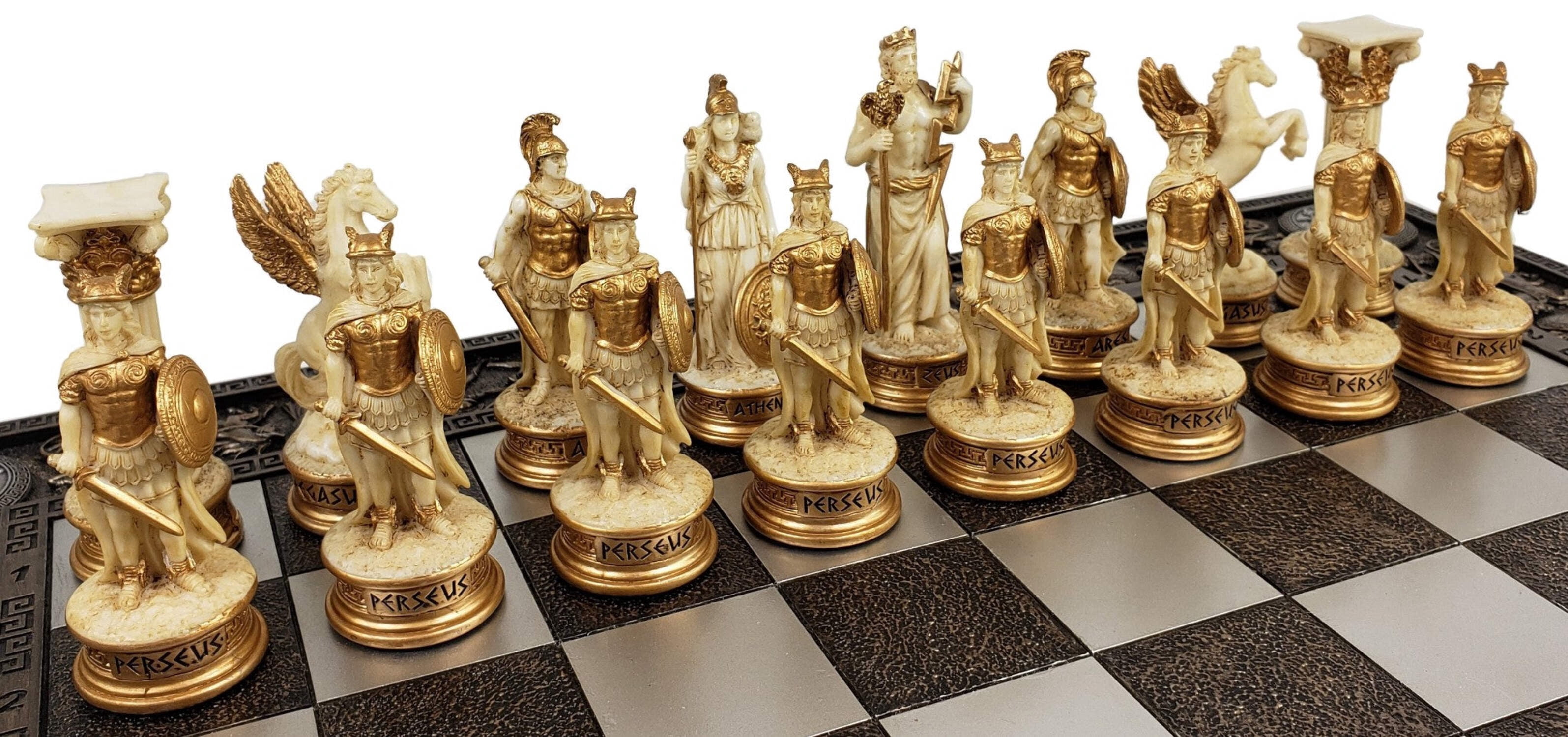 Greek Mythology Olympus Gods Chess Set Antique White  Gold W 17" Greek Board