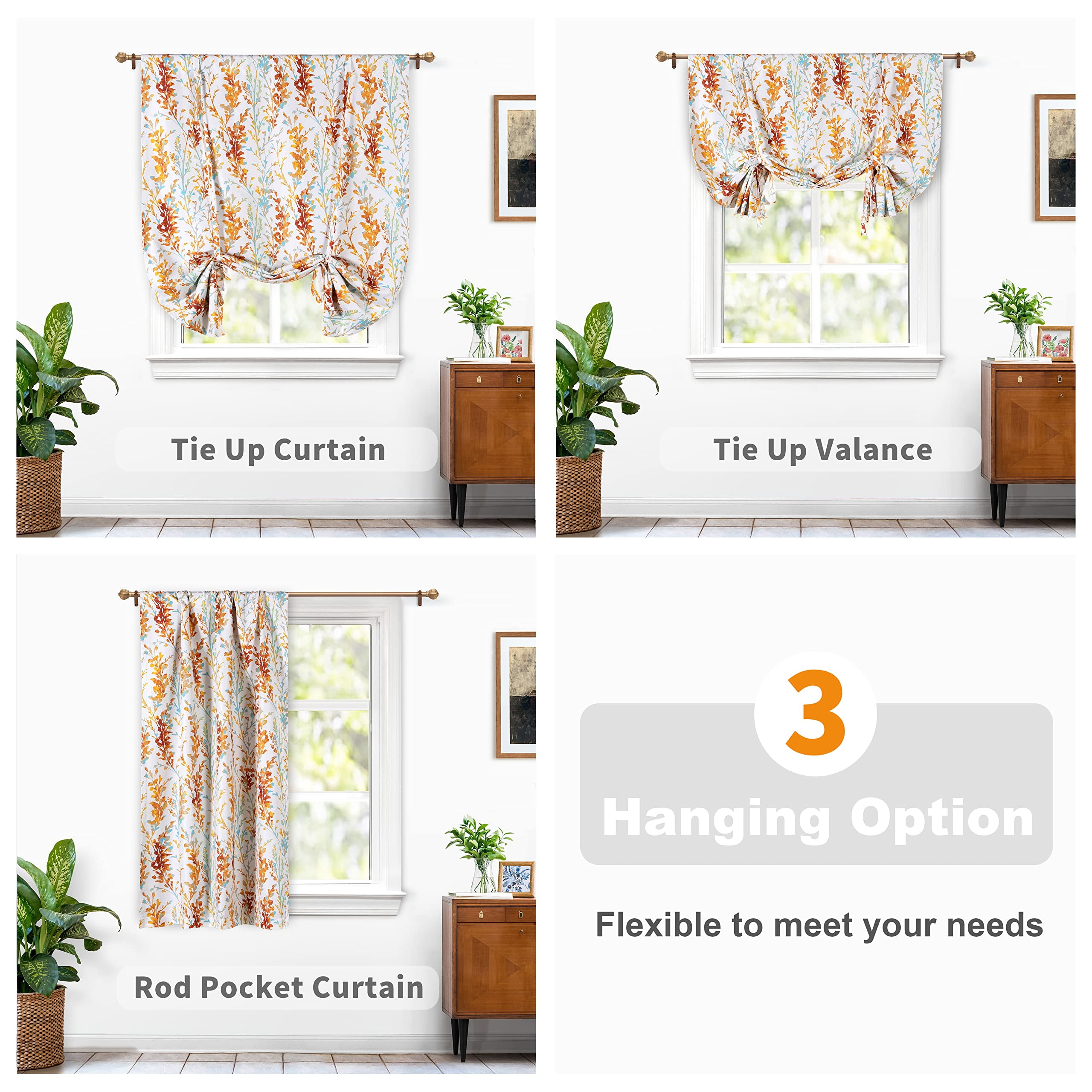 DriftAway Claire Watercolor Floral Leaves Room Darkening Thermal Insulated  Tie Up Curtain for Kitchen Bathroom Small Window Adjustable Balloon Tie Up