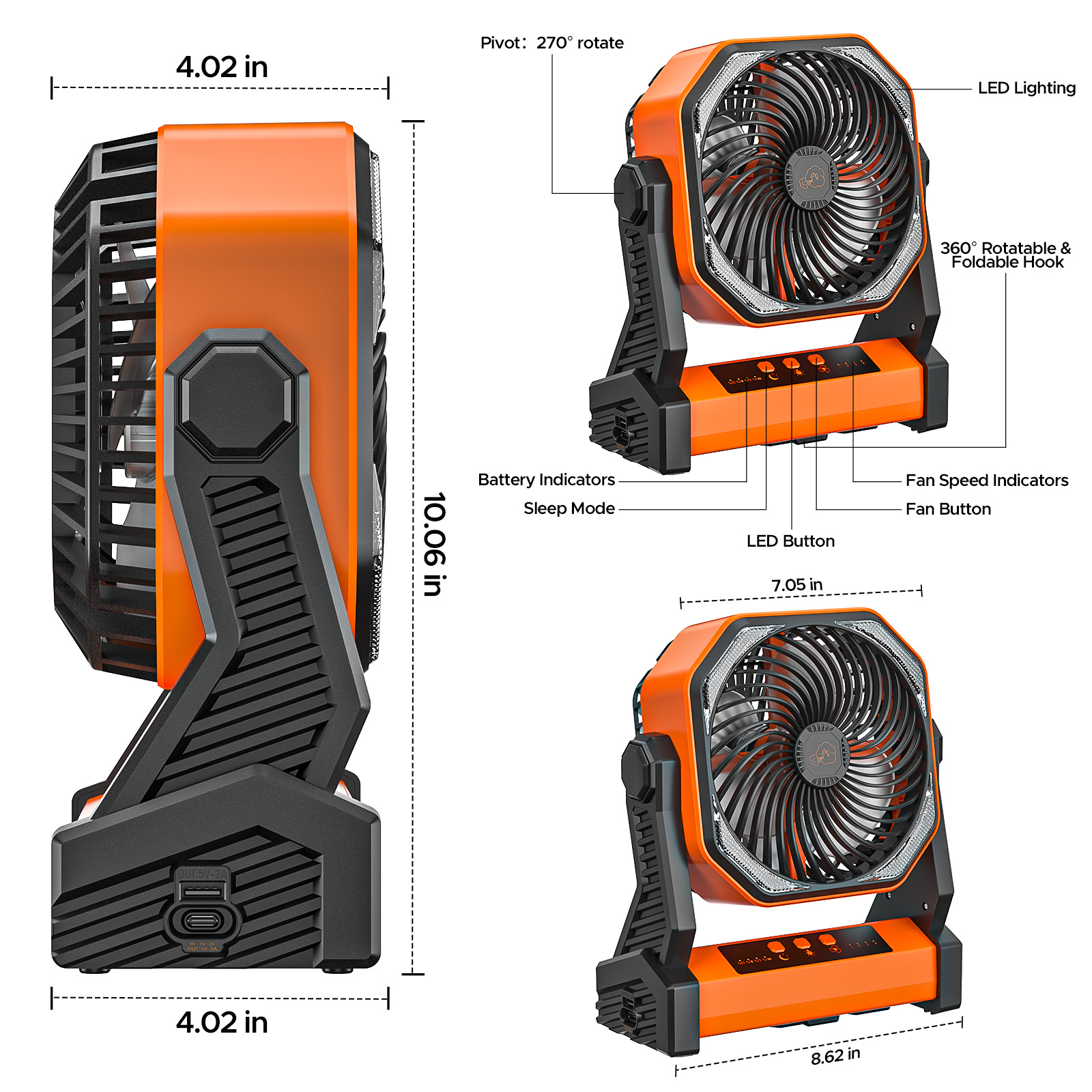 Camping Travel Personal Fan with LED Lantern, 58H 20000mAh Rechargeable Battery Operated Desk Fan 10 inch with 5V/3A USB-C Charging Port, 4-Speed 270 Rotation for Home or Outdoor