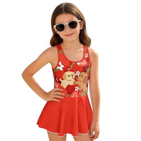 Xixirimido Cute Dogs Strawberry Red Print Modest Girls&rsquo; Swimwear One Piece &ndash; Hawaiian Skirted Bathing Suit with Built-in Shorts Sleeveless UPF 50+ Swimsuits 8-9 Years