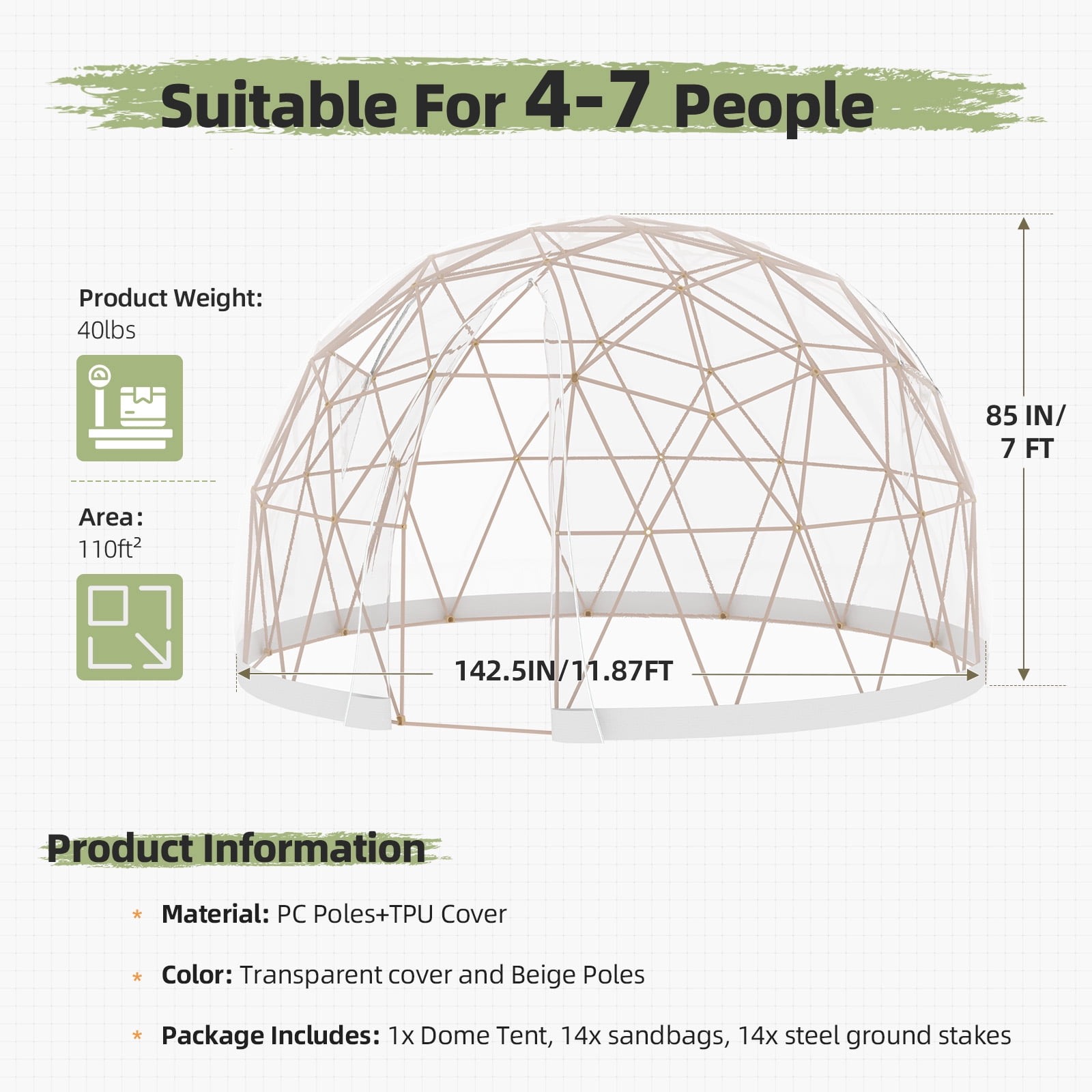 YODOLLA Garden Dome Igloo,12x12ft Outdoor Igloo Tent Dome for 4–7 People,Garden Plastic Globe House Backyard Patios Camping Party Wedding