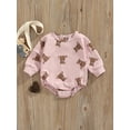 thumbnail image 2 of hirigin Babies Cartoon Bear Print Romper, Round Neck Long Sleeve Loose Fit Jumpsuit, Pink/ White, 2 of 8