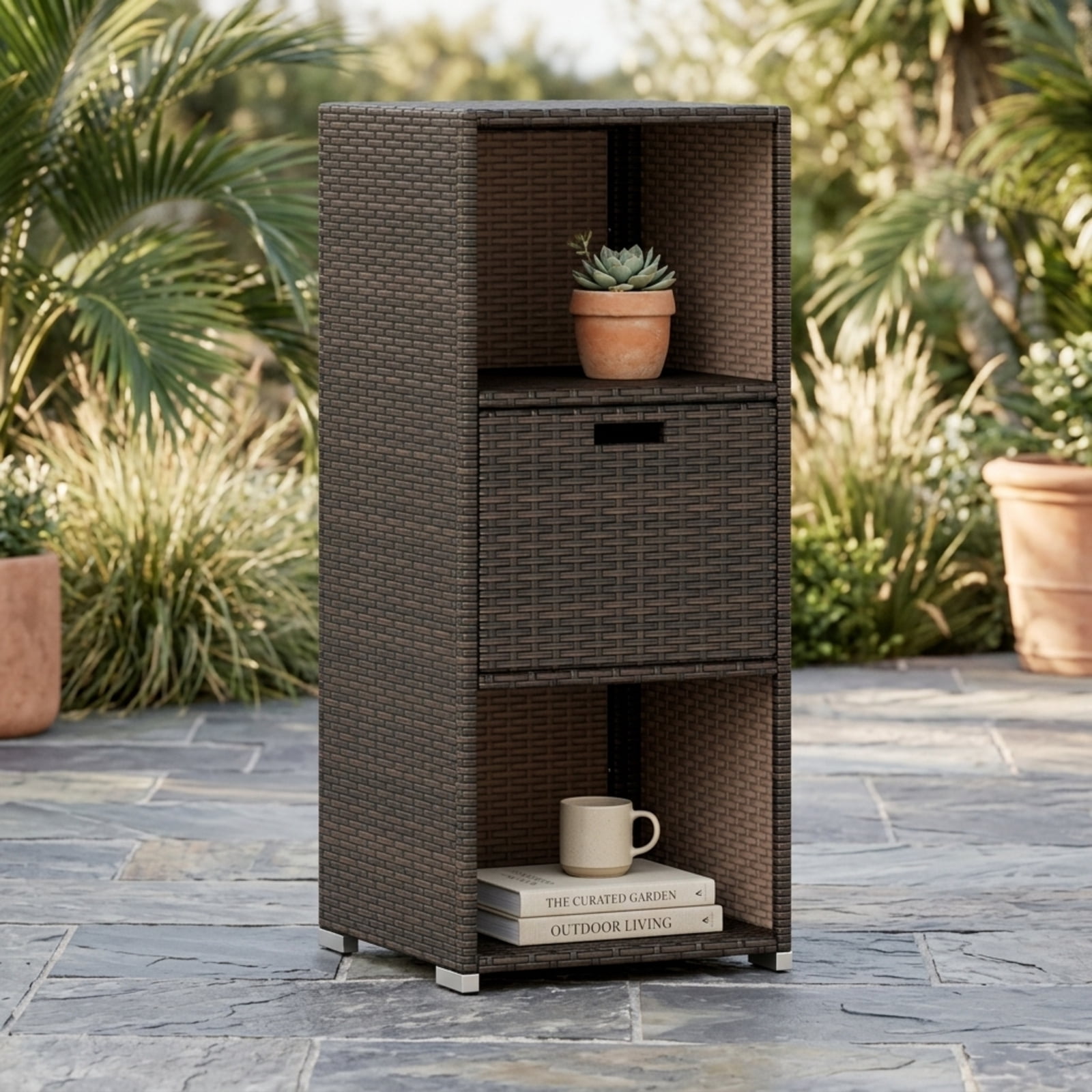 Biotree Outdoor Storage Cabinet with Drawer and 3 Shelves for Patio Porch Poolside Backyard, Brown