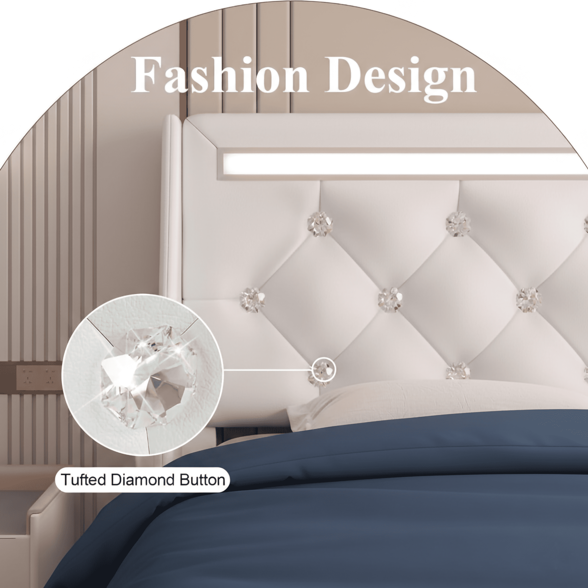 Mintazer Full Bed Frame with LED Lights & Charging Station, Diamond Tufted Upholstered Platform Bed with 2 Side Storage Pockets for Bedroom, White