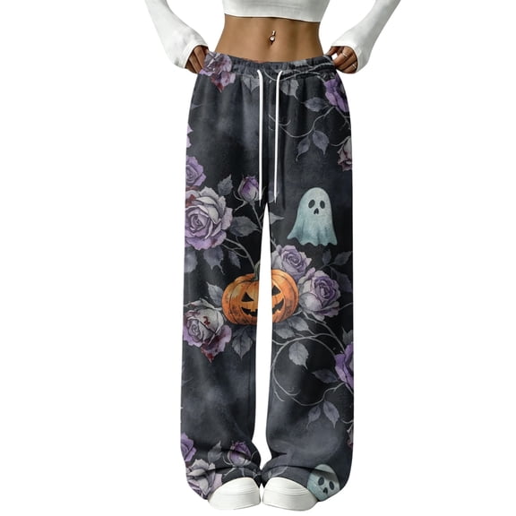 Halloween Sweatpants for Women Wide Leg Baggy Y2K Print Fall 2026 Casual Joggers Lounge Pants Pajama Holiday Costume Outfits with Pockets,XXL,Gray