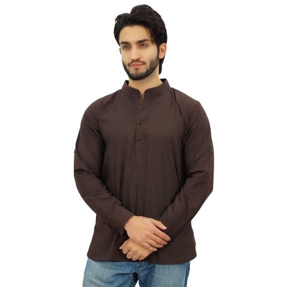 Atasi Ethnic Men's Short Kurta Dark Brown Mandarin Collar Cotton Shirt-XXX-Large