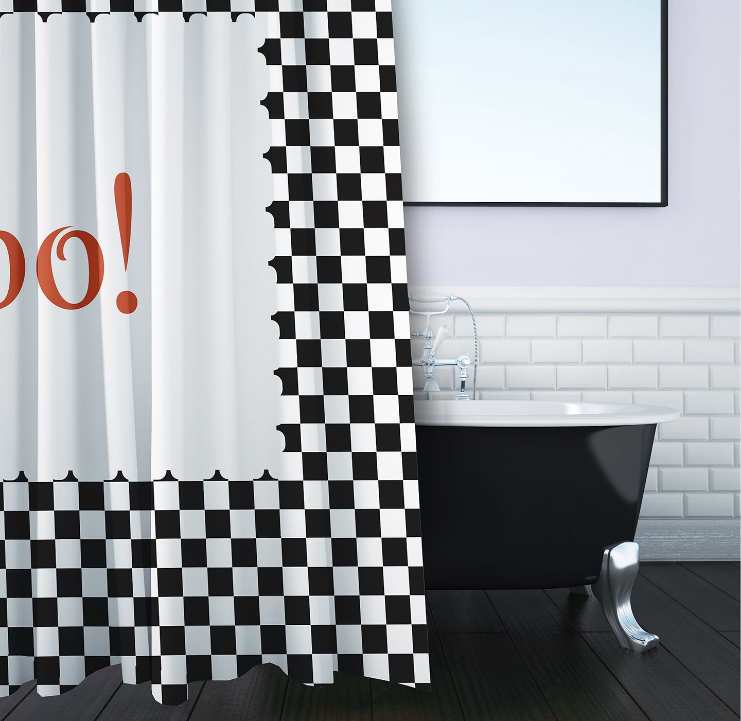 Simply Daisy 70" W x 73" L Halloween Boo Checks Polyester Shower Curtain, Black [1 Ct]
