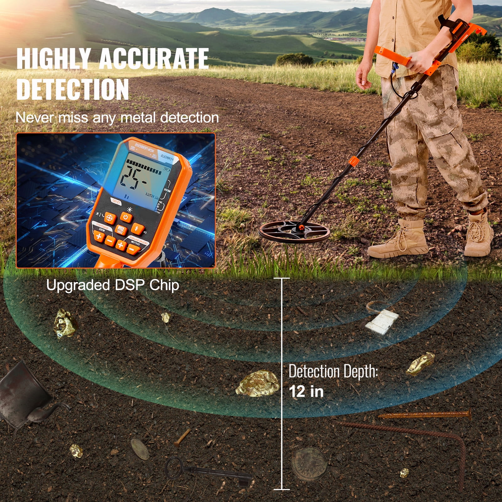KFFKFF 12" Metal Detector with LCD Display, 39"-50" Adjustable Stem for Kids and Adults,7 Modes Gold Detector with IP68 Waterproof Coil, Suitable for Beaches, Backyards, Hiking