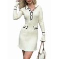 thumbnail image 2 of Womens V Neck Sweater Dress Long Sleeve Half Button Slim Fitted Ruffle Ribbed Knit Mini Pencil Dress S, 2 of 7