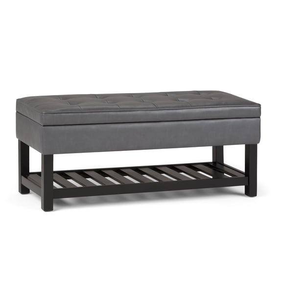 Simpli Home Cosmopolitan 44 inch Wide Rectangle Storage Ottoman Bench with Open Bottom in Stone Grey Vegan Leather
