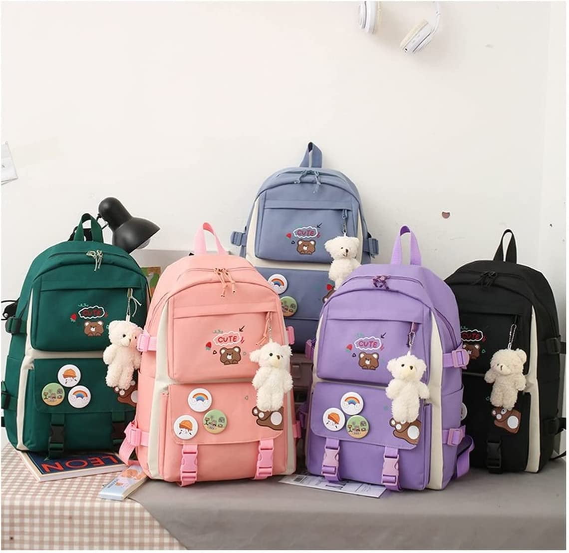 5Pcs Kawaii Cute Backpacks Combo Set with Bear Pendant & Pins - Back To School Supplies Japanese Anime Student Daypack Bag Kit with Tote