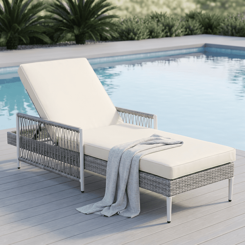 Howcool Outdoor All-Weather PE Rattan Chaise Lounge,Hand-Woven Wicker Patio Recliner with 6 Adjustable Positions, Armrests, Thick Cushion & Removable Cover,400 lbs Capacity,Gray