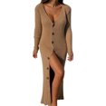 thumbnail image 2 of Robe Chandail Longue en Tricot à Col en V Profond pour Femmes avec Boutons, Manches Longues, Robe Maxi, 2 of 6