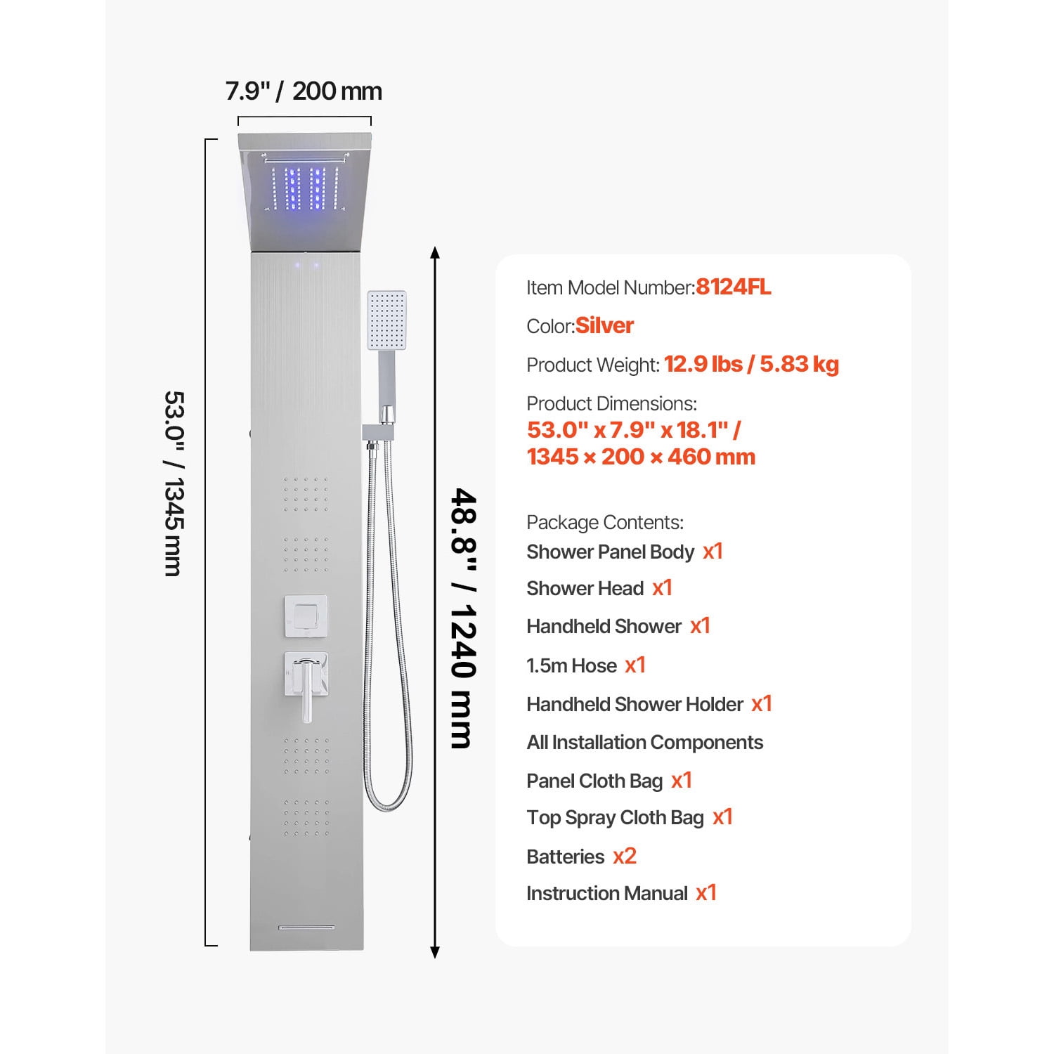KFFKFF Shower Panel Tower System, Incorporating Rainfall Waterfall Shower Head, LED, 53 in Brushed Stainless Steel Shower Column, 5-Function Faucet, Wall-Installed Rain Massage System