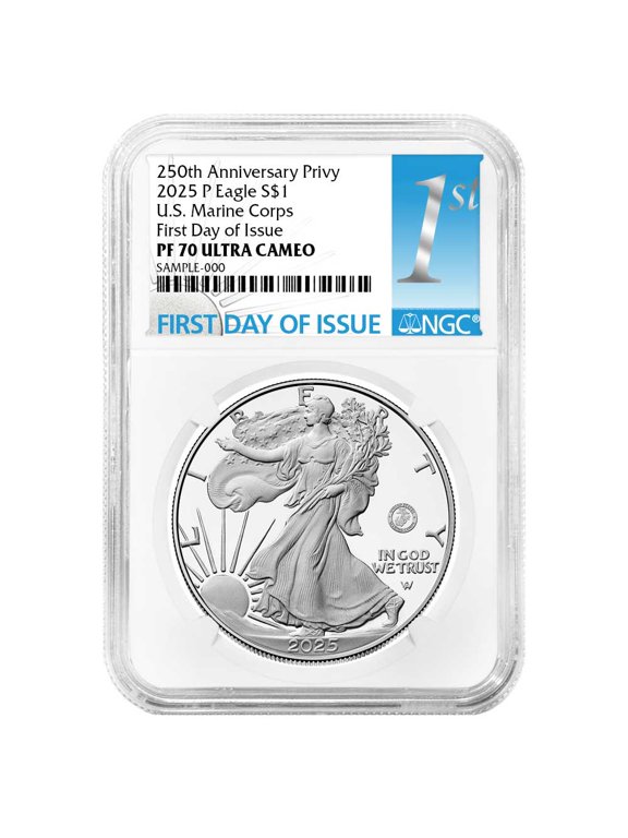 2025-P Proof $1 American Silver Eagle Marine Corps Privy NGC PF70UC FDI First Label 250th Anniversary