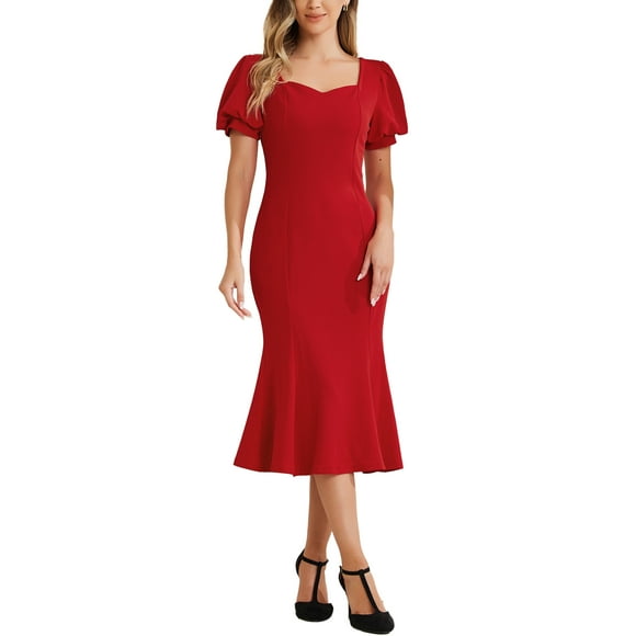 INSPIRE CHIC Vestidos Elegantes de Negocios para Mujeres con Escote Corazón, Manga Corta Abullonada, Vestido Midi Sirena S Rojo