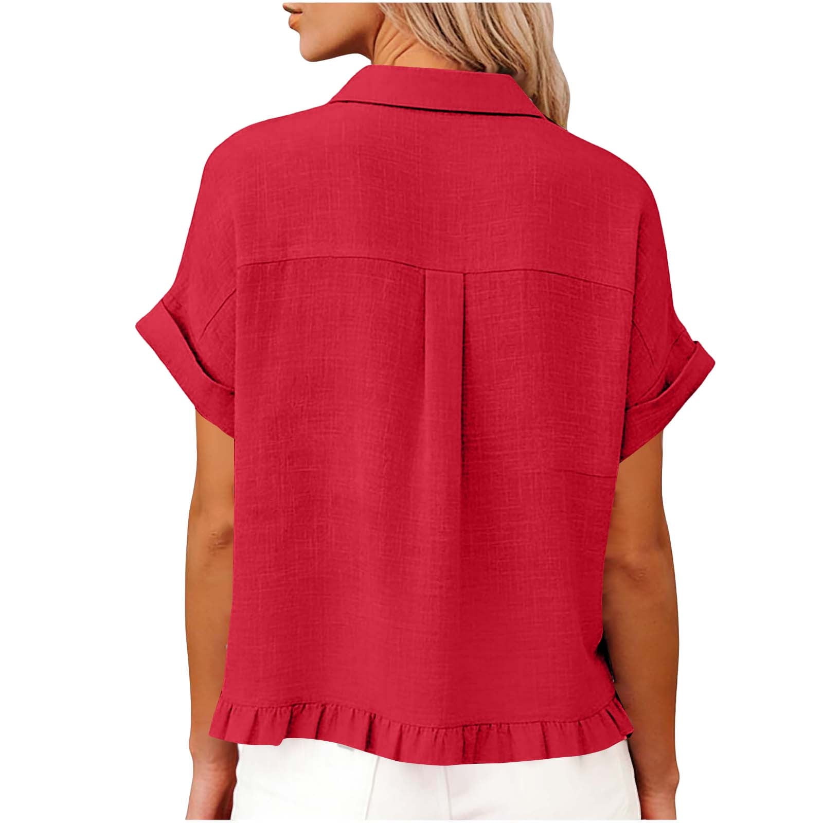 Women's Clothing Summer Tops Fashion Spring Clothing Fabric Solid Color Front Pocket Hem Fringe Short Sleeve Flared Collar Top