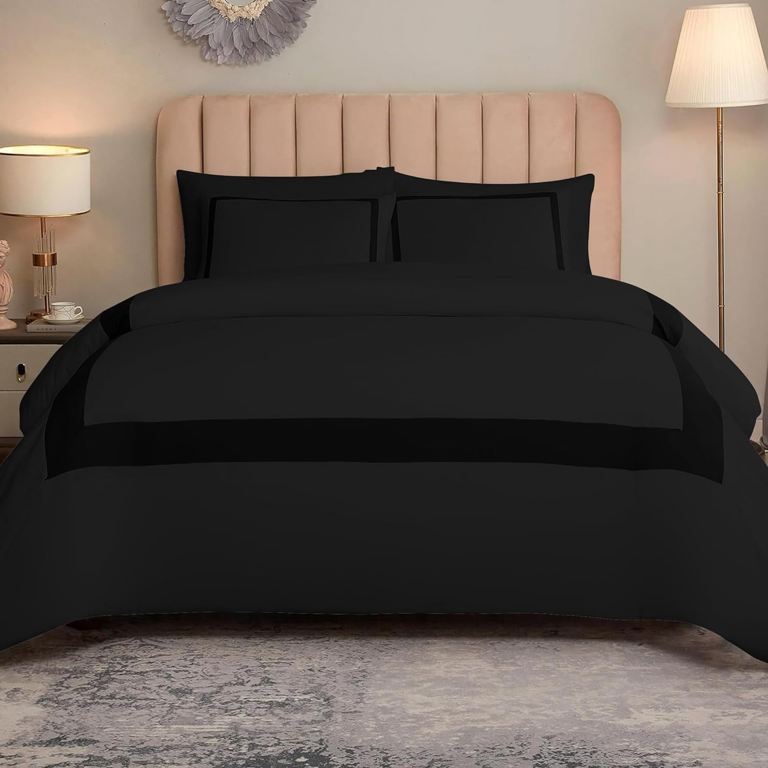 DNG Creations 5 Piece Full Black And Black Border Line Pattern Duvet Cover - 100% Egyptian Cotton, 800 Thread Count ( Twin/Twin XL )