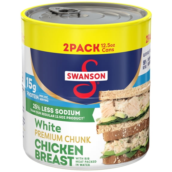 Swanson 25% Less Sodium White Premium Chunk Canned Chicken Breast in Water, 12.5 oz Can (2 Pack)