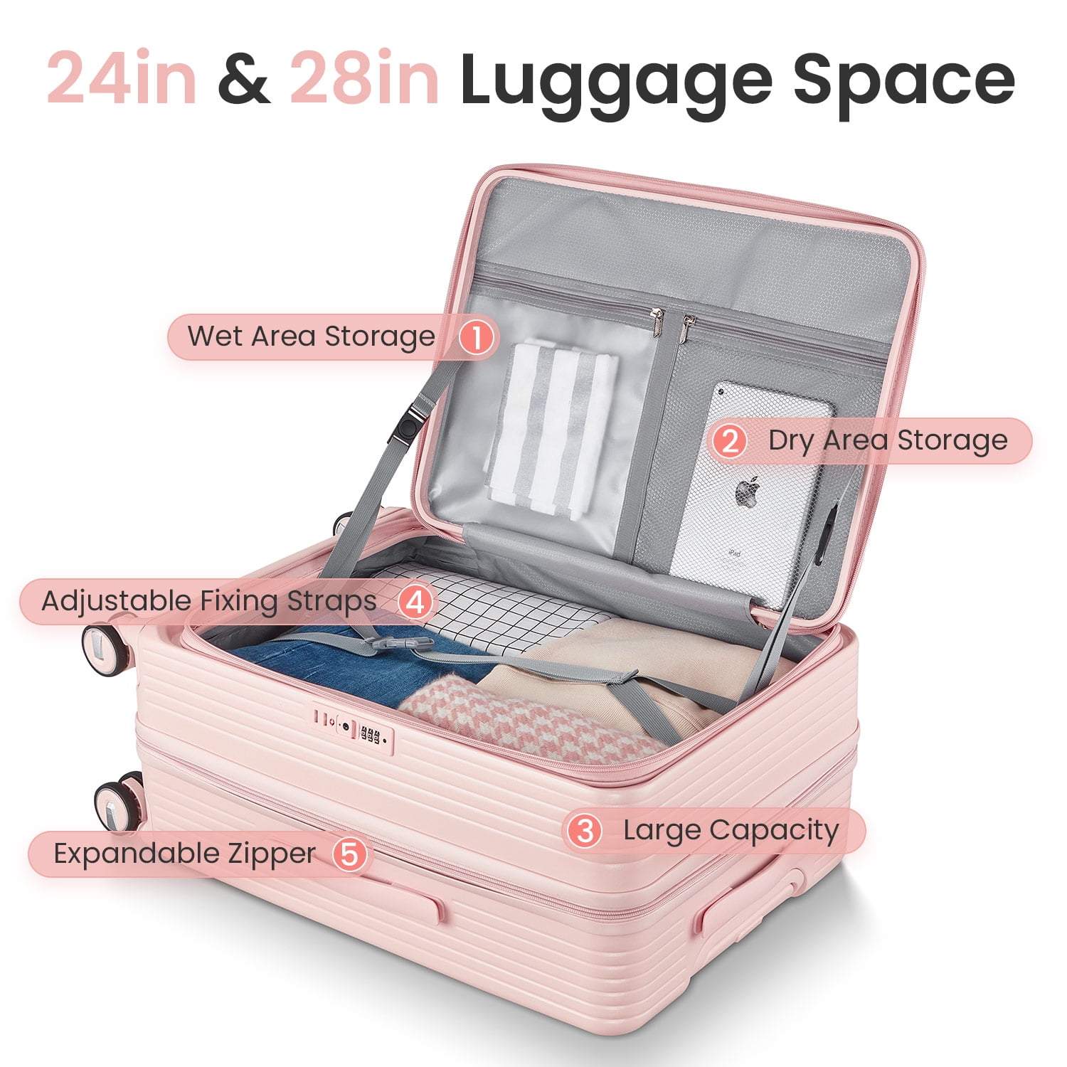 POWANLI 3 Piece Luggage Sets (20''24''28''), PC Hard Shell Expandable Lightweight Carry On Luggage, with Front Pocket and Spinner Wheels, TSA Lock, Airline Approved(Pink)