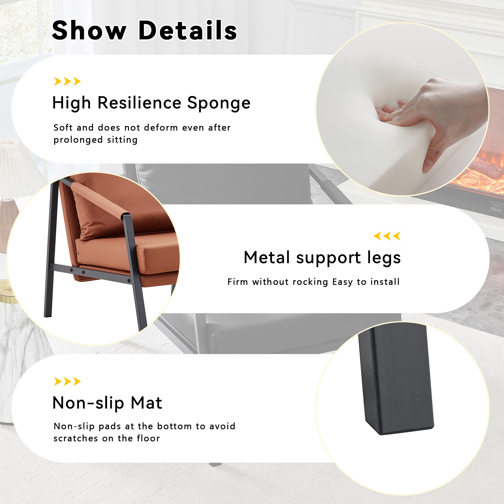 Alvantor Brown Faux Leather Accent Chair with Black Metal Frame and Armrests