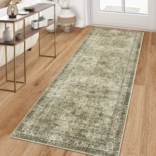 Garvee 2'x6' Vintage Persian Runner Rug for Hallway, Non Slip Machine Washable Rugs Low Pile Distressed Indoor Rug Floral Print Carpet for Entryway Bedroom Kitchen, Brown