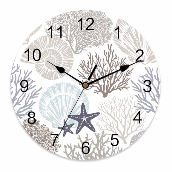Wall Clock 12 Inch Brown Blue Coastal Ocean Round Silent Decorative Wall Clocks Battery Operated for Living Room Bedroom Kitchen Classroom Decor, Coral Starfish Shell,Large