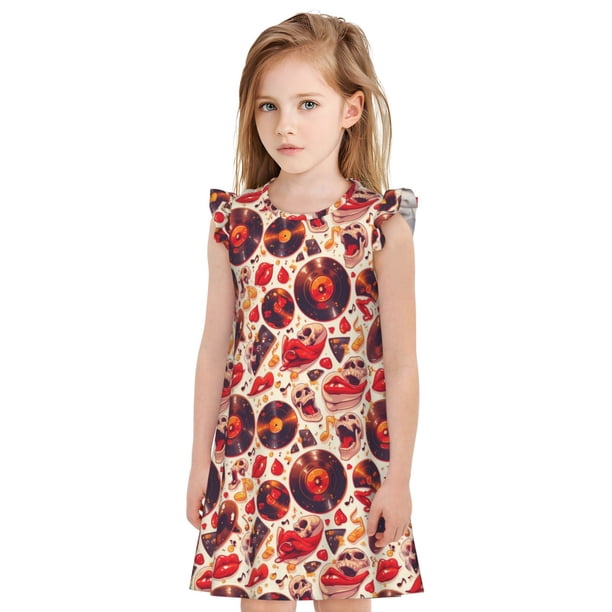 Fotbe Skull rock record music heart Vestido de Dormir para Niñas de 3 a 10 Años, Mangas Cortas, Estilo Princesa, Pijama Camisón con Mangas Voladas-X-Large