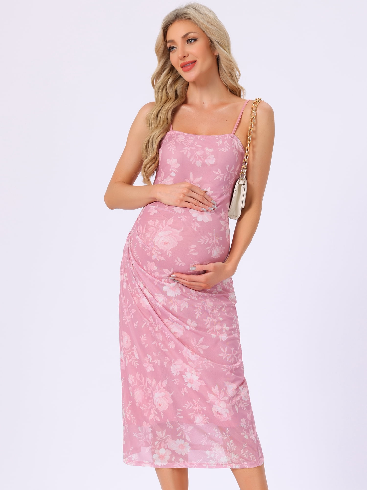 DARING DIVA Women's Mesh Ruched Side Bodycon Spaghetti Strap Maternity Dress M Pink
