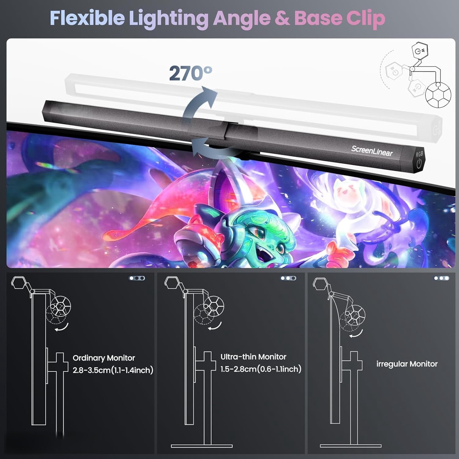Aship RGB Monitor Light Backlight, Ra95 Dual Light Bar Gaming Office Desk Lamp, 15 Modes Dimmable, 3 Color Temperature Adjustable, Eye Caring Screen Light Bar for Home Game