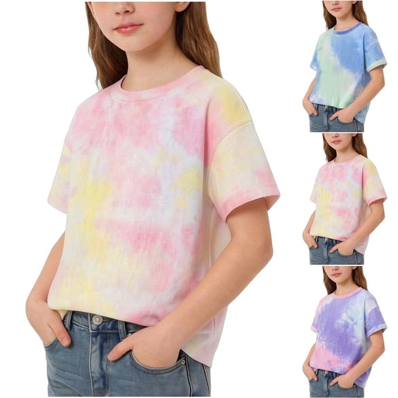 Girls T-Shirts Children's Fashion Tie-Dye Printed Shirts Loose Crew Neck Short Sleeve Tees for Medium and Large Childs, Summer Casual Tops