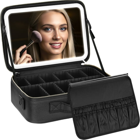Travel Makeup Bag with LED Mirror, 3 Adjustable Light Settings, Customizable Dividers, Portable Travel Organizer, USB Charging,Black, Large