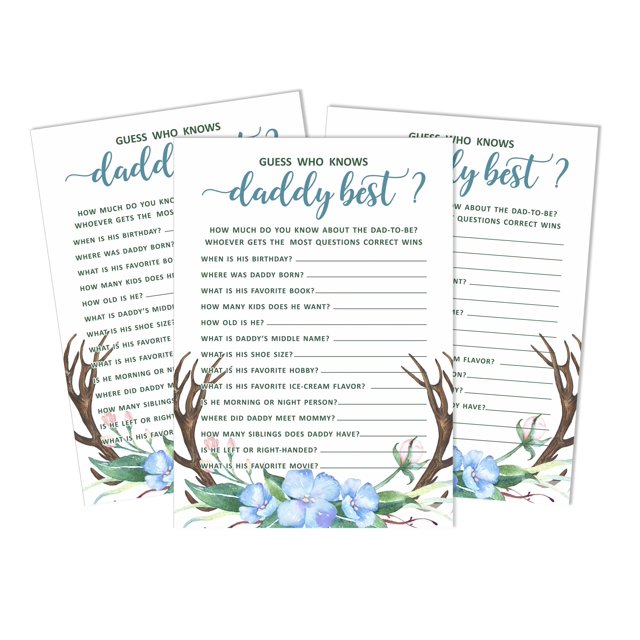 Inkdotpot Gender Neutral 50-PackWho Knows Daddy BestBaby Shower GameCards Antler (Boy) FunActivity Cards