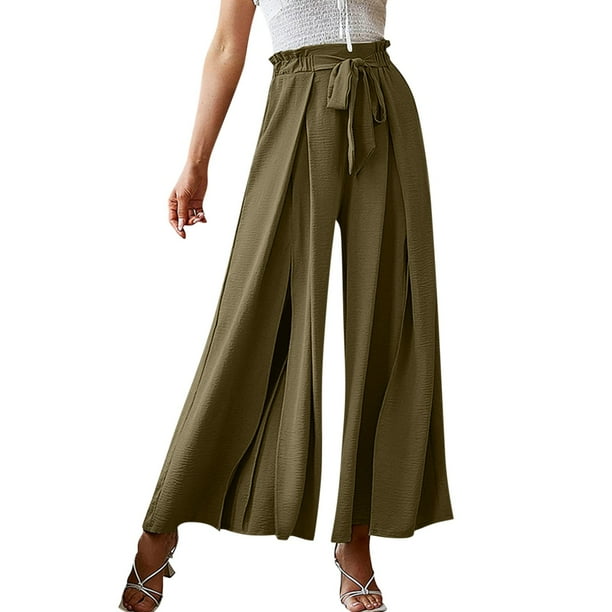 Pantalones de mujer de cintura alta con pliegues y pierna ancha - Diseño con cinturón, cintura elástica, corte holgado para todas las estaciones/moda