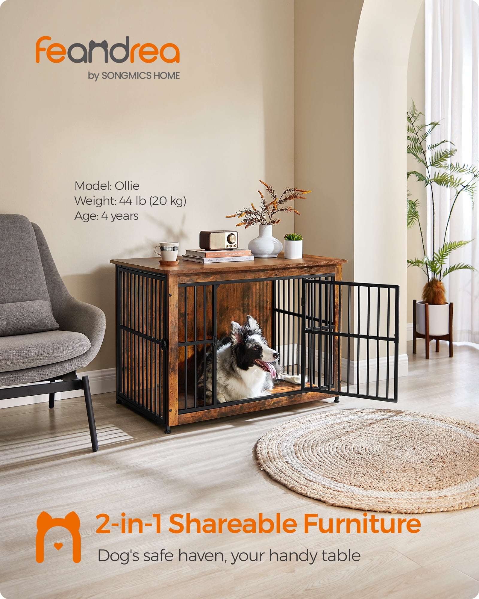 Dog Crate Furniture, Side End Table, Modern Kennel for Dogs Indoor up to 70 lb, Heavy-Duty Dog Cage with Enclosed Base Rustic Brown