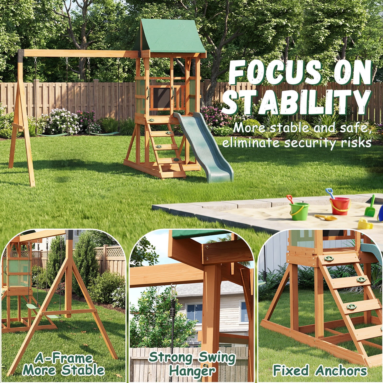 Clouddwell Wooden Swing Set for Backyard Playground Swingset with Slide Kid Outdoor Play Set with Play Deck, Rock Wall Ladder, Belt Swings, Chalkboard